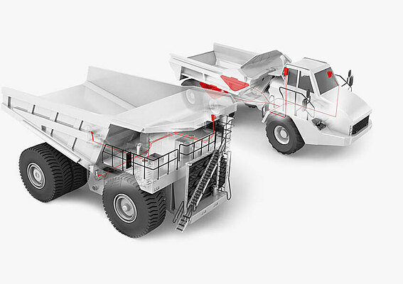 3D-Modelle von Dumperfahrzeugen, an denen PFREUNDT Waagen angebracht sind 