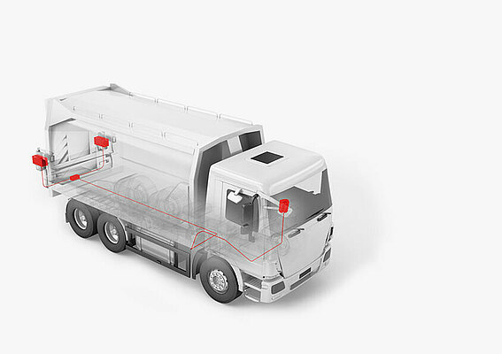 Modèle&nbsp;3D d’un camion de chargement arrière sur lequel une bascule PFREUNDT est montée 