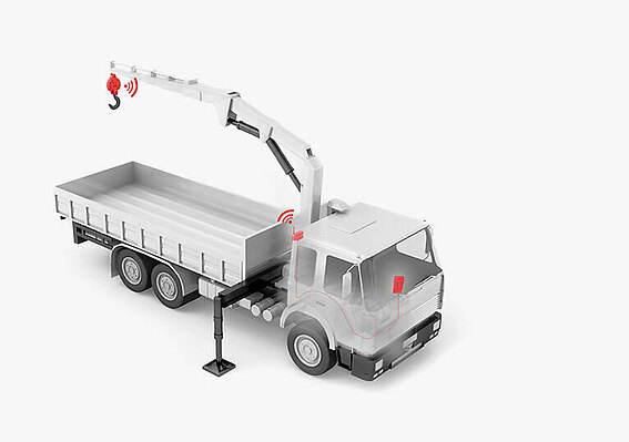 Die PFREUNDT Kranwaage 3D-Modell eines Kranfahrzeugs, an dem PFREUNDT Waage angebracht ist