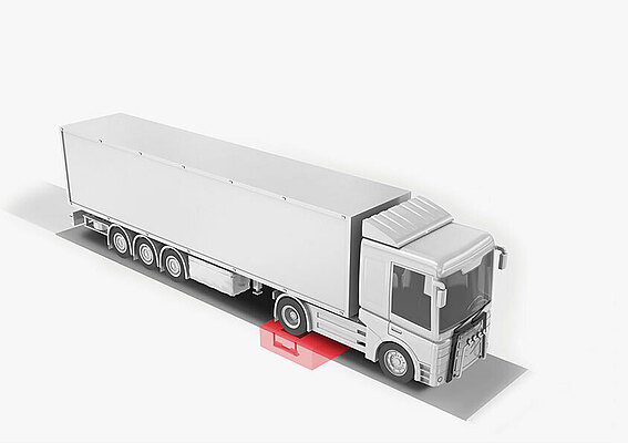 3D-Modell eines LKW, an dem PFREUNDT Achslastwaage angebracht ist 
