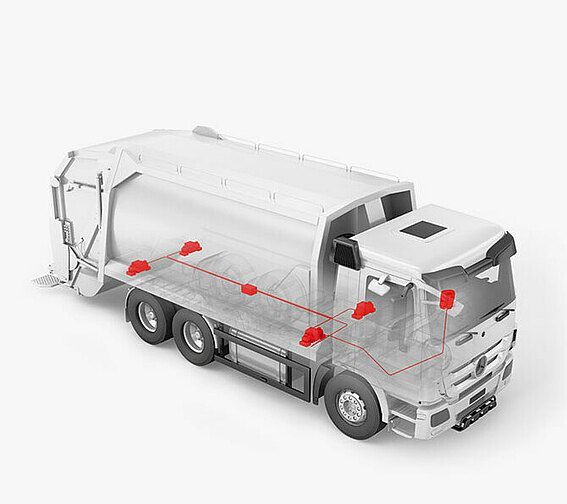 3D-Modell eines Kipperfahrzeug, an dem PFREUNDT Waage angebracht ist