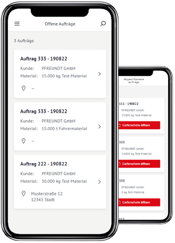 Auf zwei Mobiltelefonen wird die PFREUNDT Load & Go App gezeigt.