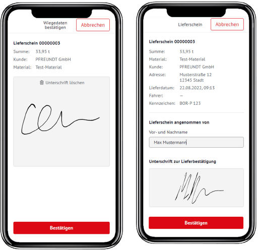 Auf zwei Mobiltelefonen wird die PFREUNDT Load & Go App gezeigt.