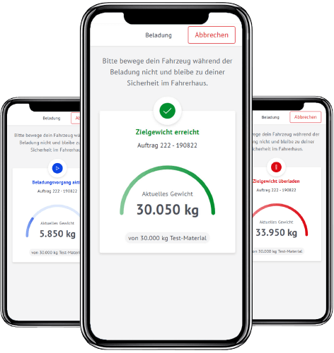 Drei Mobiltelefone zeigen die PFREUNDT Load & Go App.