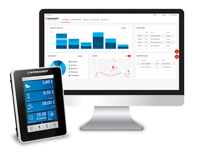 PFREUNDT mobile Wiegesysteme mit WK60 und Web Portal Ansicht des WK60 Displays und dem PFREUNDT Web Portal auf einem Desktopcomputer